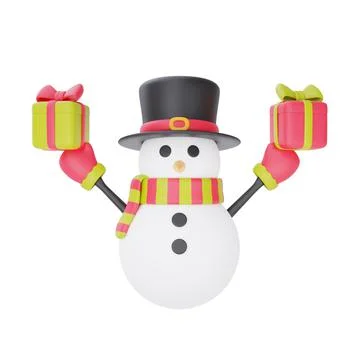 3d render of cartoon character snowman with gift box isolated on white backgr Stock Illustration