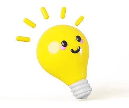 3d render cartoon glowing light bulb, kawaii character with smile. Creative idea Stock Illustration