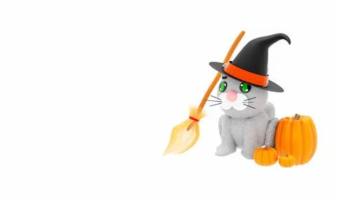 3d render. Cartoon gray kitten in a witch hat and with pumpkins. Autumn Stock Illustration