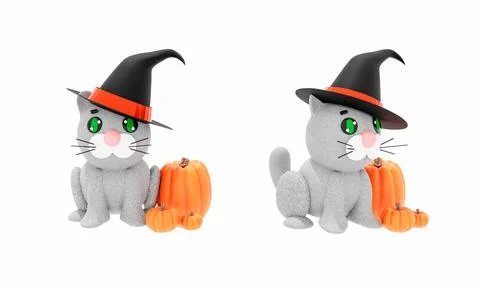3d render. Cartoon gray kitten in a witch hat and with pumpkins. Autumn Stock Illustration