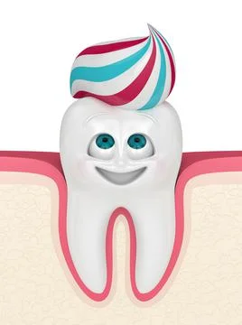 3D render of cartoon in gum Mr Tooth looking at toothpaste Stock Illustration
