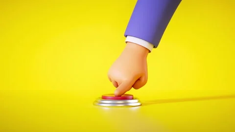 3d render, cartoon hand in blue sleeve is pressing the big red alert button Video stock 136734454