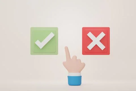 3d render of cartoon hand choosing button choices between correct and incor.. Stock Illustration