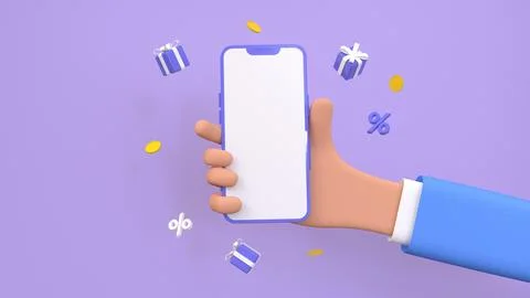 3d render cartoon hand holding a phone on a purple background surrounded by g Stock Illustration