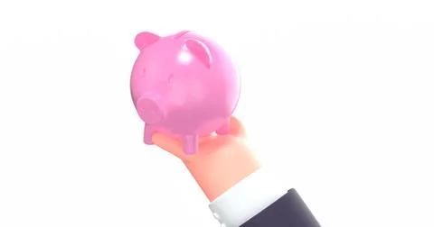 3d render cartoon hand with pink cute piggy bank Stock Illustration