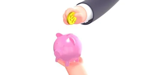 3d render cartoon hand put coin in pink piggy bank Stock Illustration