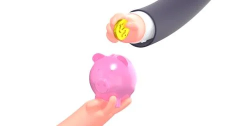 3d render cartoon hand put coin in pink piggy bank Stock Illustration