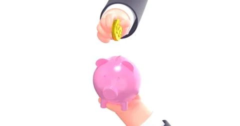 3d render cartoon hand put coin in pink piggy bank Stock Illustration