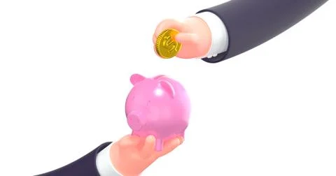 3d render cartoon hand put coin in pink piggy bank Stock Illustration