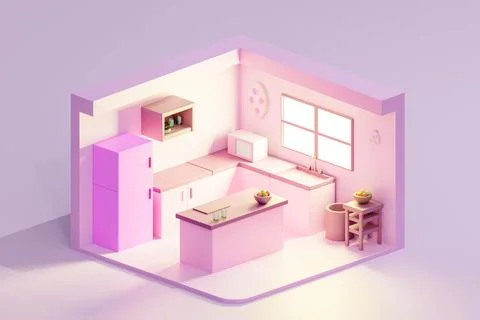 3D render of cartoon low poly pink kitchen with window. Isometric view Stock Illustration