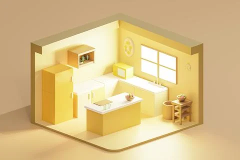 3D render of cartoon low poly yellow kitchen with window. Isometric view Stock Illustration