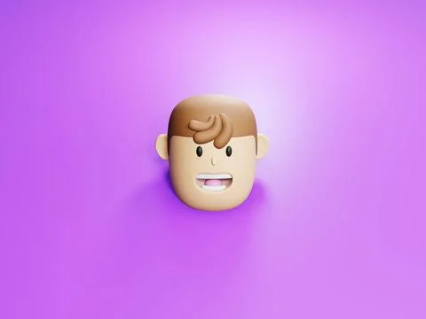 3d render cartoon man with smiley face appears from purple neon background... Stock Photos