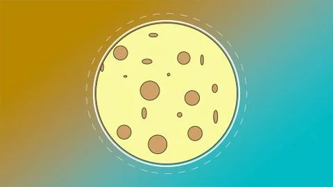 3d render. Cartoon moon looking like cheese, turning over bokeh yellow-blue Ilustração Stock