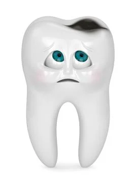 3D render of cartoon Mr Tooth worried about cavity over white background Illustrazione stock
