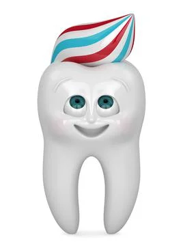 3D render of cartoon Mr Tooth looking at toothpaste isolated over white backg Stock Illustration
