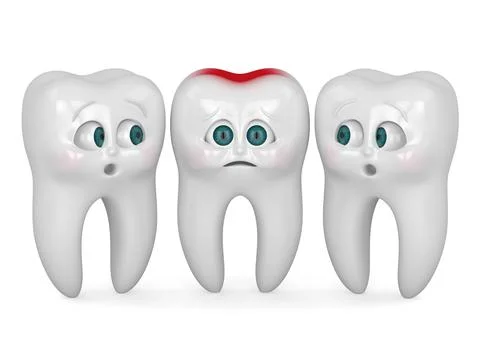 3D render of cartoon Mr Tooth feeling pain standing wiht friends Stock Illustration