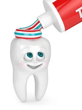 3D render of cartoon Mr Tooth looking at toothpaste Stock Illustration