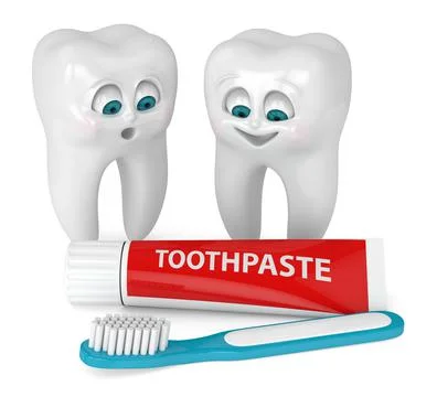 3D render of cartoon Mr Tooth with friend looking at toothbrush and toothpast Stock Illustration