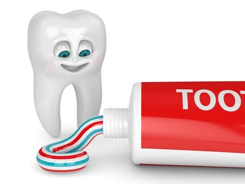 3D render of cartoon Mr Tooth looking at toothpaste Stock Illustration