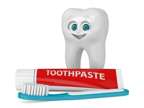 3D render of cartoon Mr Tooth with toothbrush and toothpaste isolated over wh Stock Illustration