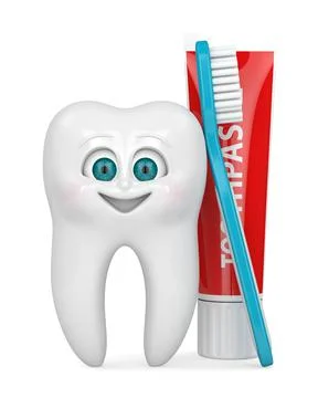 3D render of cartoon Mr Tooth with toothbrush and toothpaste isolated over wh Stock Illustration