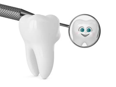 3D render of cartoon Mr Tooth looking in dental mirror isolated over white ba Stock-Illustration