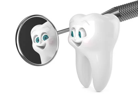 3D render of cartoon Mr Tooth looking in dental mirror isolated over white ba Stock Illustration