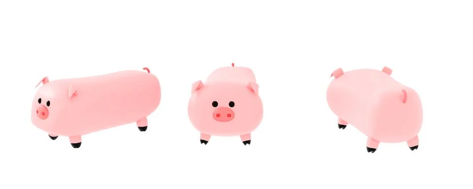 3d render. A cartoon pig in three kinds of positions on a white background. 3d Stock Illustration
