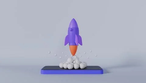 3D render of cartoon rocket illustration on phone Stock Photos