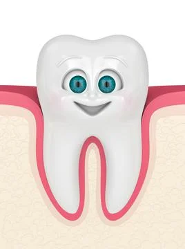 3D render of cartoon smiling Mr Tooth in gums over white Stock Illustration