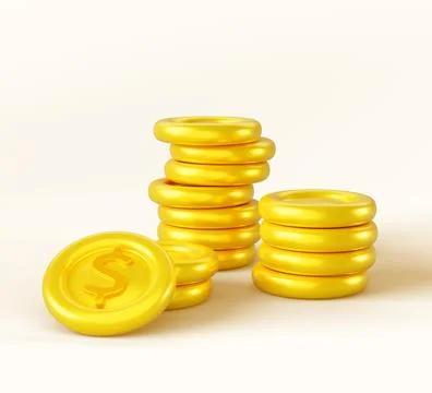 3d render cartoon stack of gold dollar coin. Concept of currency, financial Stock Illustration