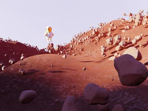 3d render of cartoon white astronaut flying at red planet with stones, low 스톡 일러스트