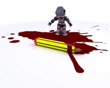 3D render of a cartoonist robot with pencil and blood Stock Illustration