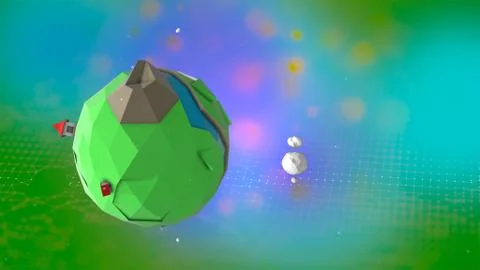 3d render. Cartoony planet rotating over colorful magical background in alpha Stock Illustration