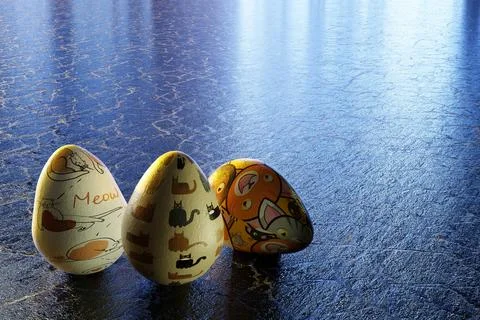 3d render of cat centric easter eggs on granite countertop. Stock Illustration
