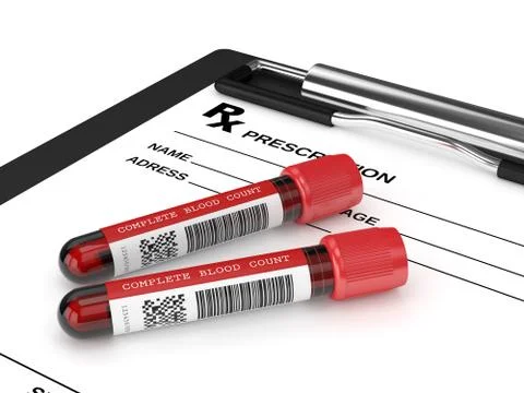 3d render of CBC blood tubes on rx form Stock Illustration