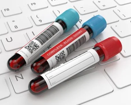 3d render of CBC blood tubes on keyboard Illustrazione stock