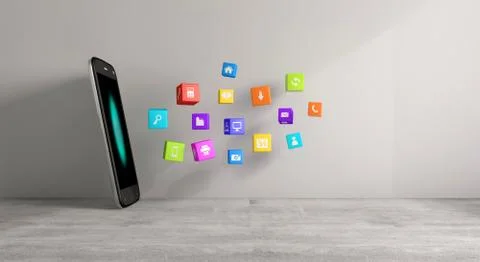A 3d render of a cellphone with application icons floating by it on a white b Stock Illustration
