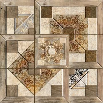 3D render ceramic wall tiles decoration. Abstract damask patchwork pattern Stock Illustration