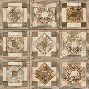 3D render ceramic wall tiles decoration. Abstract damask patchwork pattern Stock Illustration
