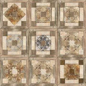 3D render ceramic wall tiles decoration. Abstract damask patchwork pattern Illustrazione stock