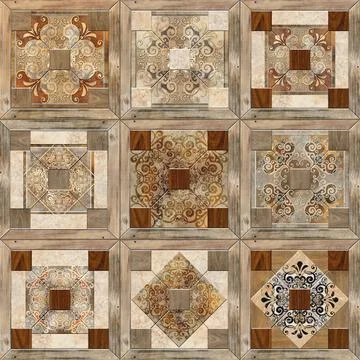 3D render ceramic wall tiles decoration. Abstract damask patchwork pattern Stock Illustration