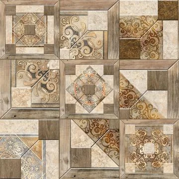 3D render ceramic wall tiles decoration. Abstract damask patchwork pattern Stock Illustration