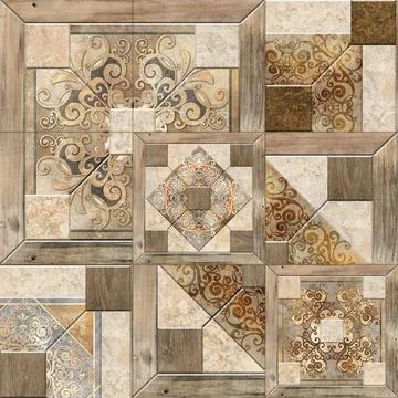 3D render ceramic wall tiles decoration. Abstract damask patchwork pattern Illustrazione stock
