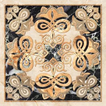 3D render ceramic wall tiles decoration. Abstract damask patchwork pattern Stock Illustration