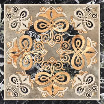 3D render ceramic wall tiles decoration. Abstract damask patchwork pattern Stock Illustration