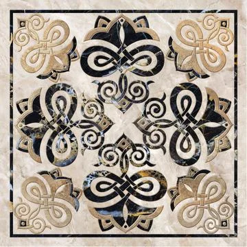 3D render ceramic wall tiles decoration. Abstract damask patchwork pattern Illustrazione stock