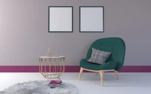 3d render of a chair, decoratives, and photo frames on the wall Stock-Illustration