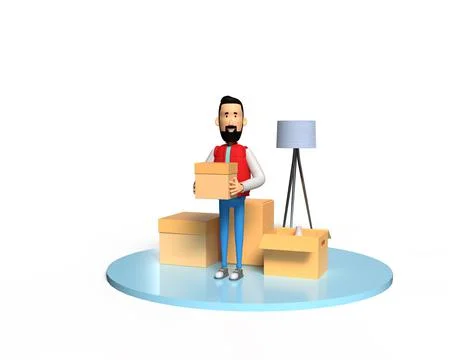 3d render. A character in a red vest holds a box in his hands. Moving to a n Stock Photos