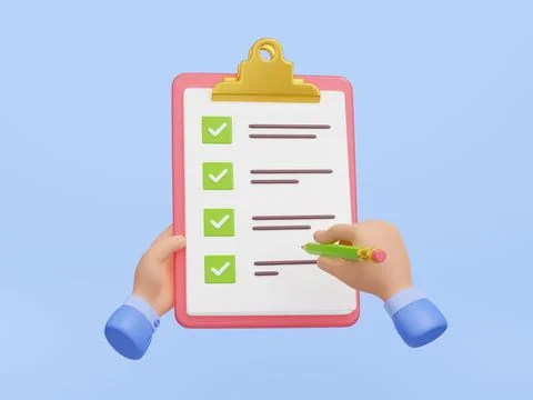 3d render checklist on clipboard, hand and pencil イラスト素材